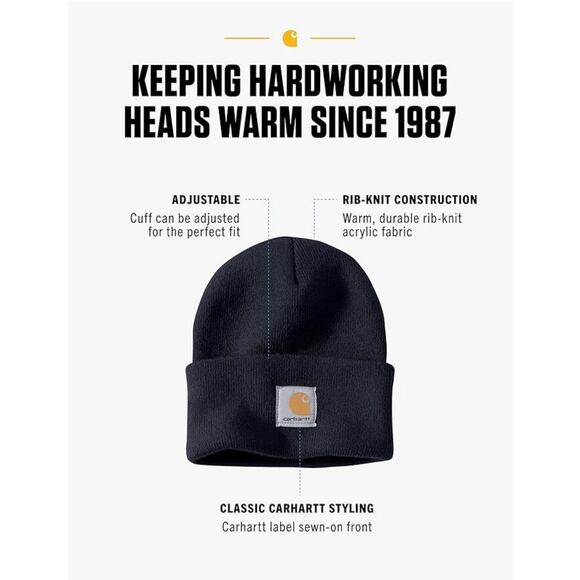 Kids Carhartt Logo Acrylic Ribbed Knit Cuffed Beanie Youth in Navy Blue - Picture 1 of 3
